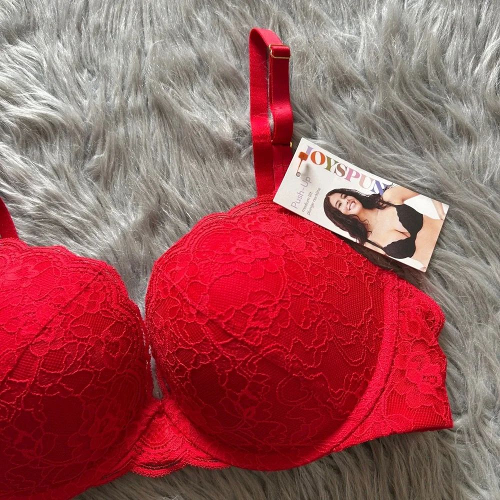 Joyspun Push Up Bra Women Size 36C Red Floral Lace Padded Underwire Back Closure